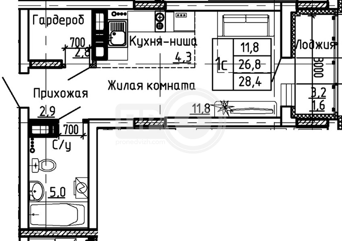 квартира-студия, 28,4кв.м.