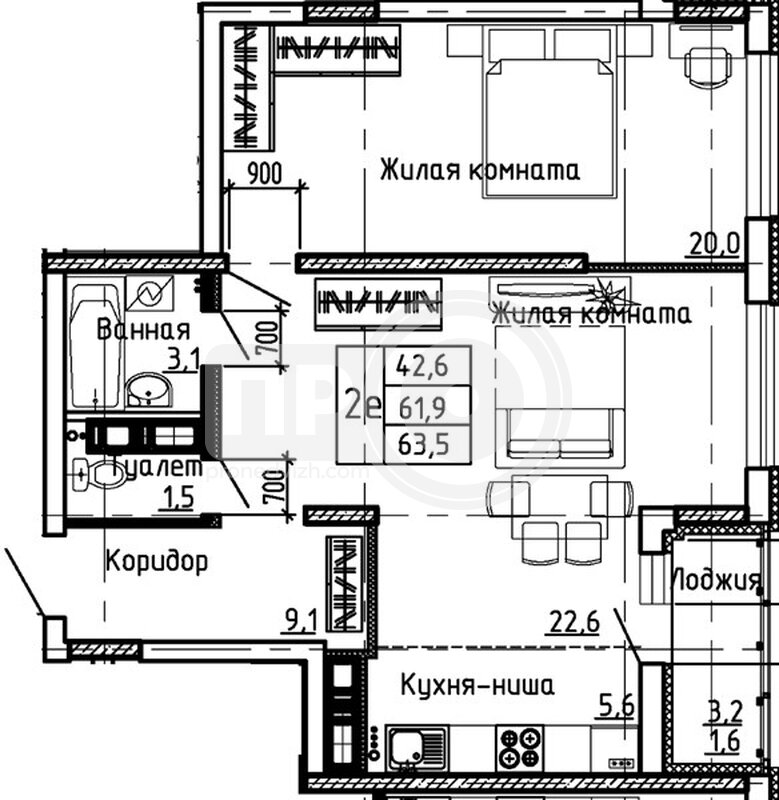 1-комнатная квартира, 63.5кв.м