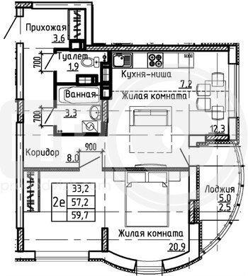 Миниатюра 1-комнатная квартира, 59.7кв.м