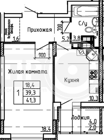 Миниатюра 1-комнатная квартира, 41.3кв.м