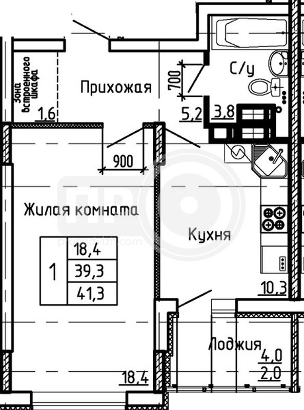 1-комнатная квартира, 41.3кв.м