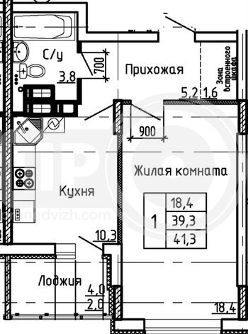 Миниатюра 1-комнатная квартира, 41.3кв.м