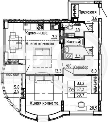Миниатюра 1-комнатная квартира, 59.7кв.м