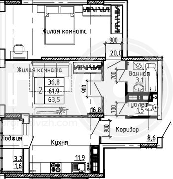 Миниатюра 2-комнатная квартира, 63.5кв.м