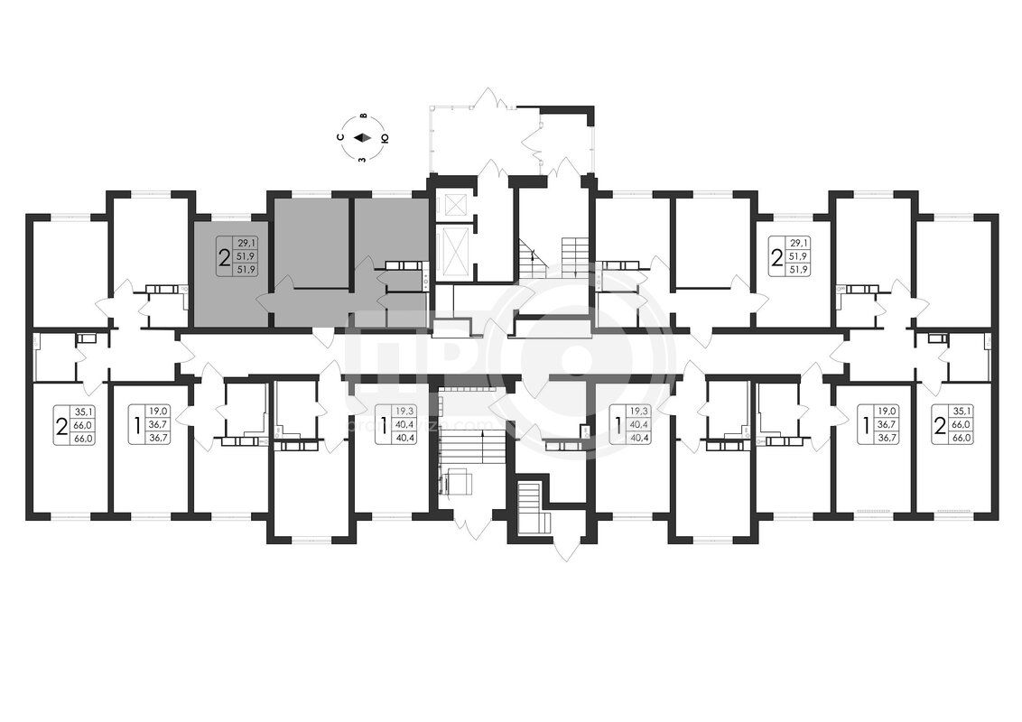 2-комнатная квартира, 51.9кв.м
