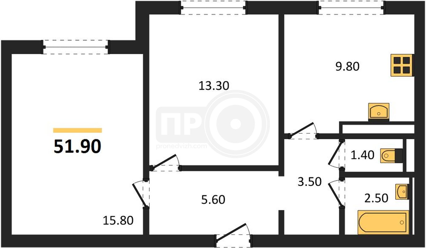 2-комнатная квартира, 51.9кв.м