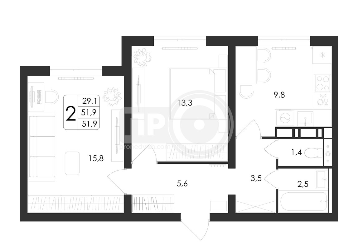 2-комнатная квартира, 51.9кв.м