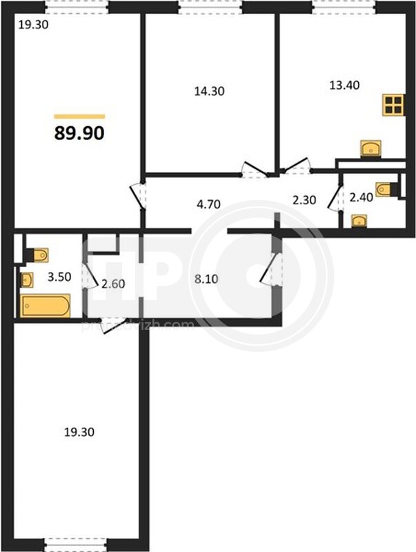 3-комнатная квартира, 89.9кв.м