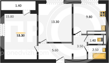 Миниатюра 2-комнатная квартира, 53.3кв.м