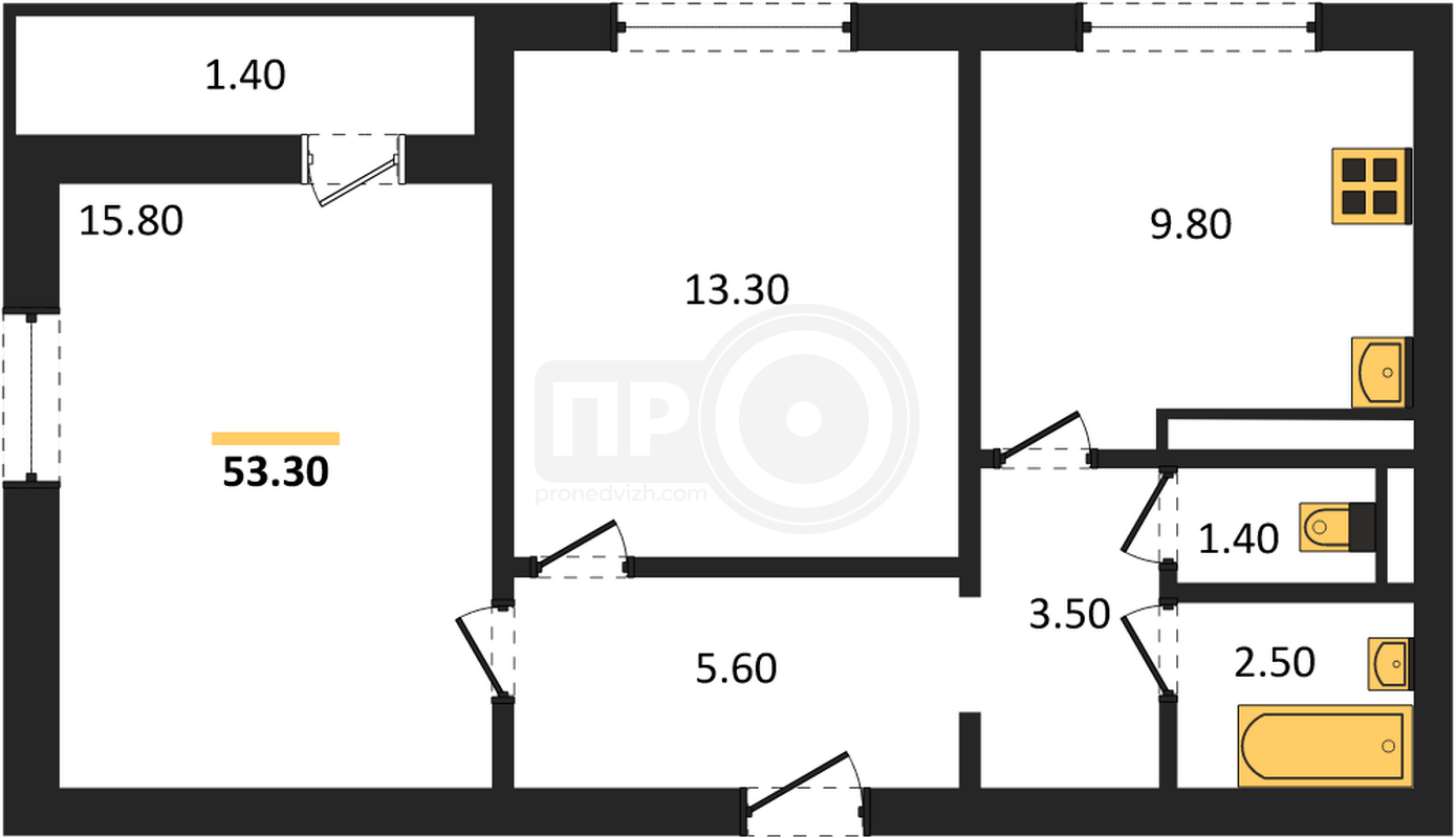 2-комнатная квартира, 53.3кв.м