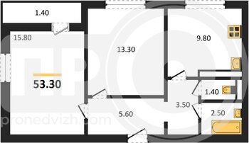 Миниатюра 2-комнатная квартира, 53.3кв.м