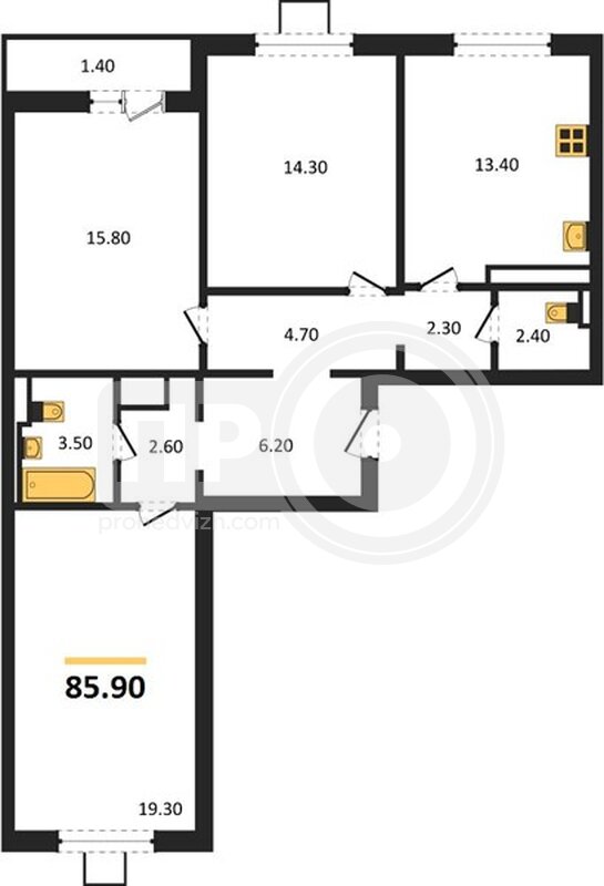3-комнатная квартира, 85.9кв.м