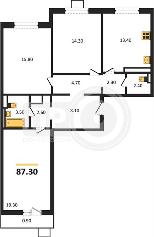 3-комнатная квартира, 87.3кв.м