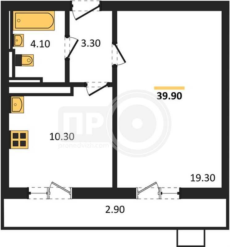 1-комнатная квартира, 39.9кв.м