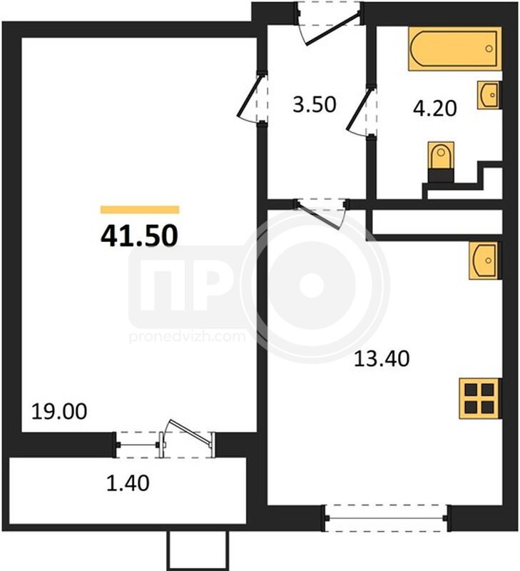 1-комнатная квартира, 41.5кв.м