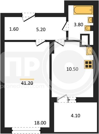 Миниатюра 1-комнатная квартира, 41.2кв.м