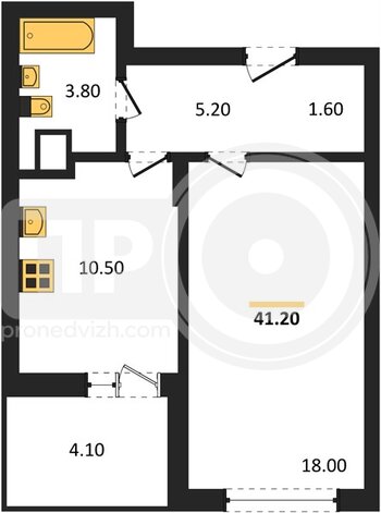 Миниатюра 1-комнатная квартира, 41.2кв.м