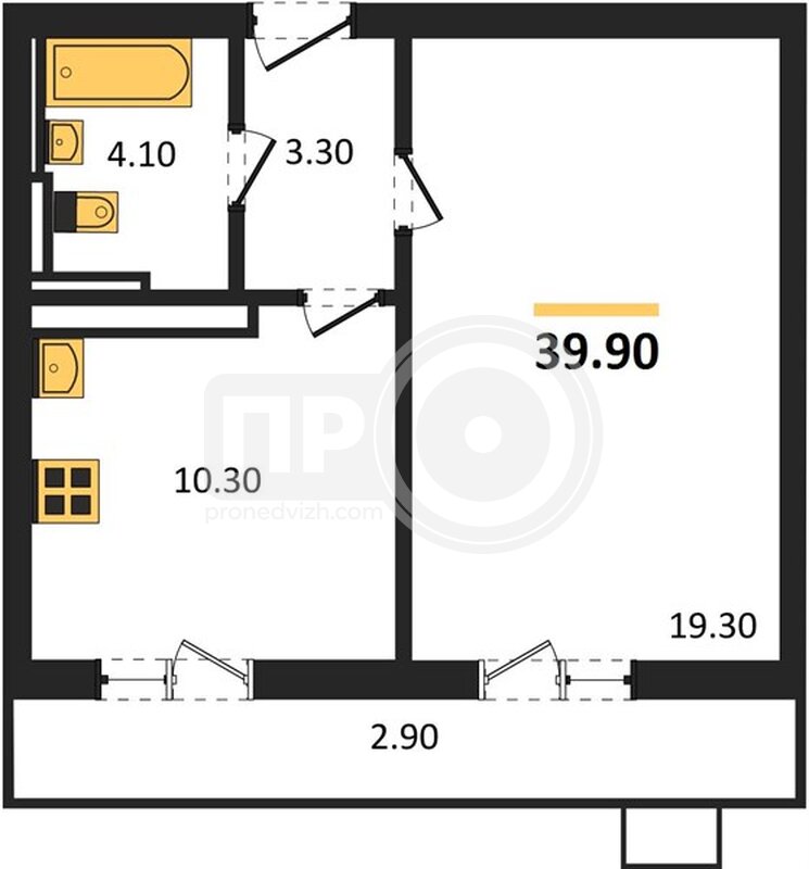 1-комнатная квартира, 39.9кв.м