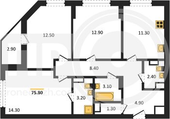Миниатюра 3-комнатная квартира, 75.8кв.м
