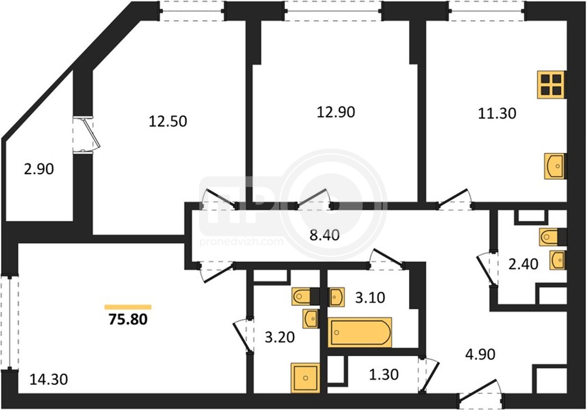 3-комнатная квартира, 75.8кв.м