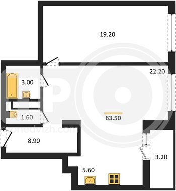Миниатюра 1-комнатная квартира, 62.3кв.м