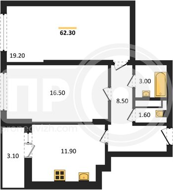 Миниатюра 2-комнатная квартира, 62.3кв.м