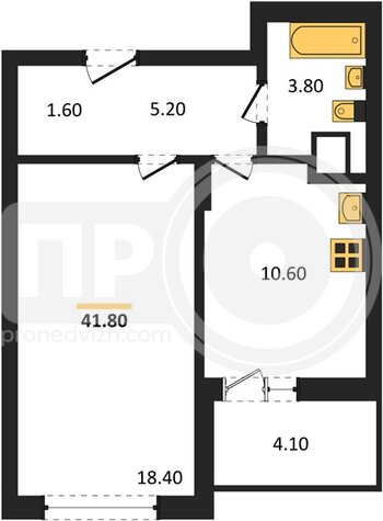 Миниатюра 1-комнатная квартира, 41.8кв.м