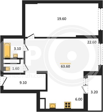 Миниатюра 1-комнатная квартира, 63.6кв.м