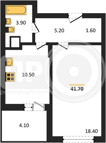 Миниатюра 1-комнатная квартира, 41.7кв.м