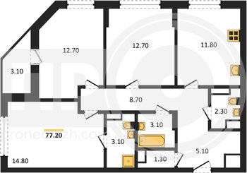 Миниатюра 3-комнатная квартира, 77.2кв.м