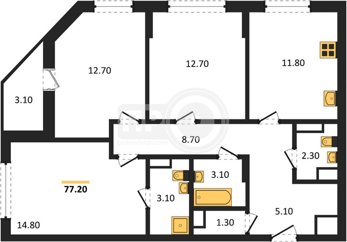 3-комнатная квартира, 77.2кв.м