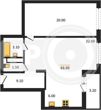 Миниатюра 1-комнатная квартира, 63.9кв.м