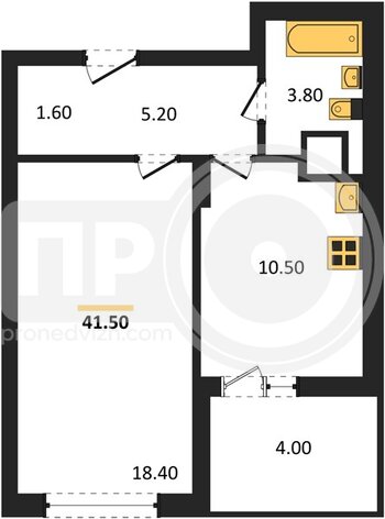Миниатюра 1-комнатная квартира, 41.5кв.м