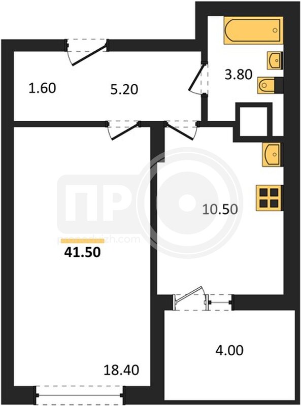 1-комнатная квартира, 41.5кв.м