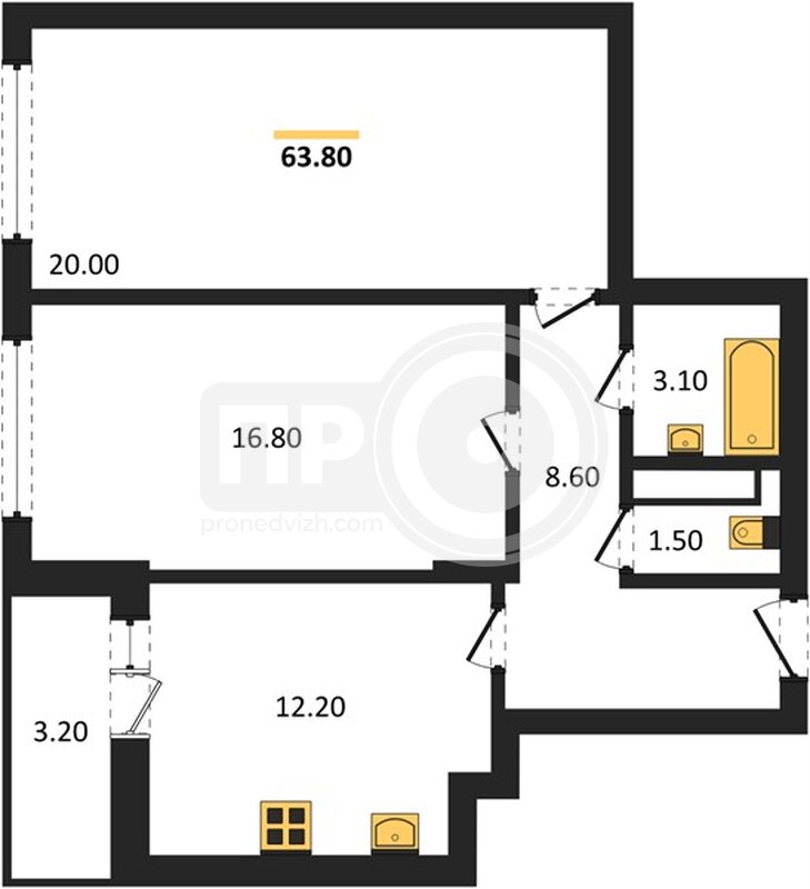 2-комнатная квартира, 63.8кв.м
