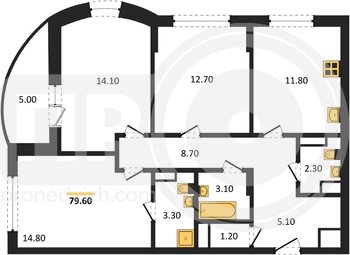 Миниатюра 3-комнатная квартира, 79.6кв.м