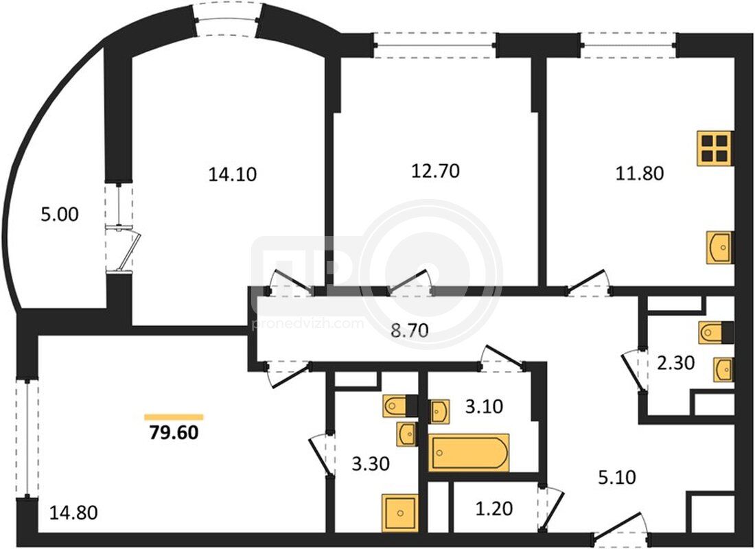 3-комнатная квартира, 79.6кв.м