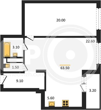 Миниатюра 1-комнатная квартира, 63.5кв.м