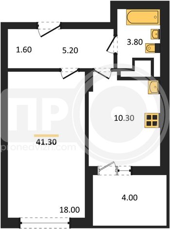 Миниатюра 1-комнатная квартира, 41.3кв.м