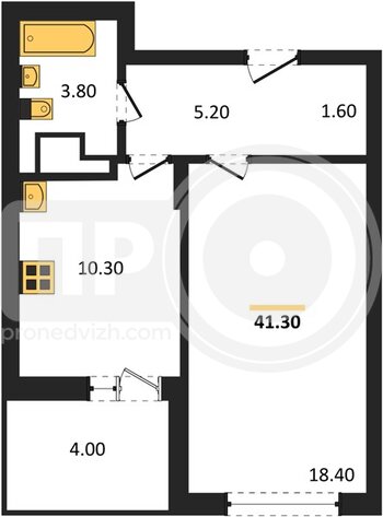 Миниатюра 1-комнатная квартира, 41.3кв.м