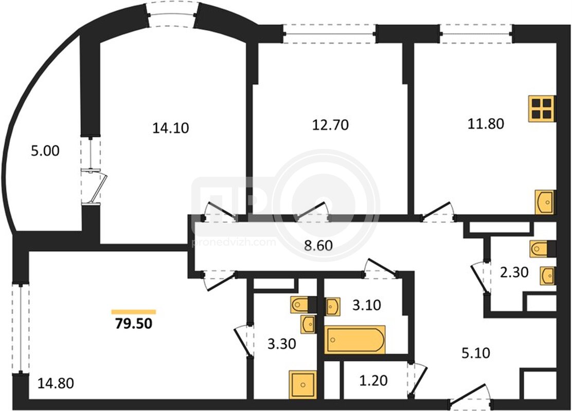 3-комнатная квартира, 79.5кв.м