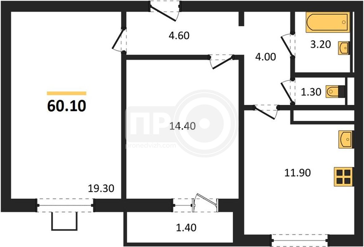 2-комнатная квартира, 60.1кв.м