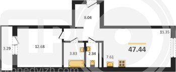 Миниатюра 1-комнатная квартира, 47.44кв.м