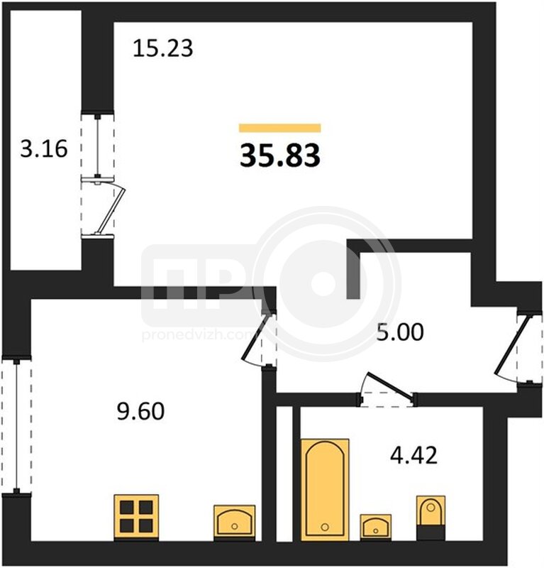 1-комнатная квартира, 35.83кв.м