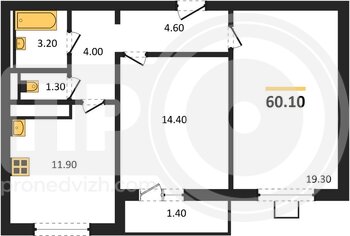 Миниатюра 2-комнатная квартира, 60.1кв.м