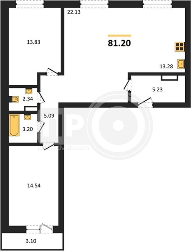 2-комнатная квартира, 81.2кв.м
