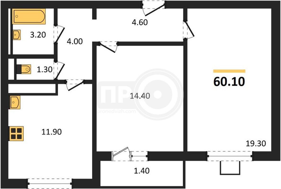 2-комнатная квартира, 60.1кв.м