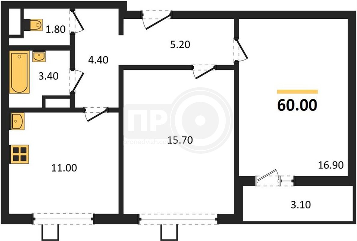 2-комнатная квартира, 60кв.м