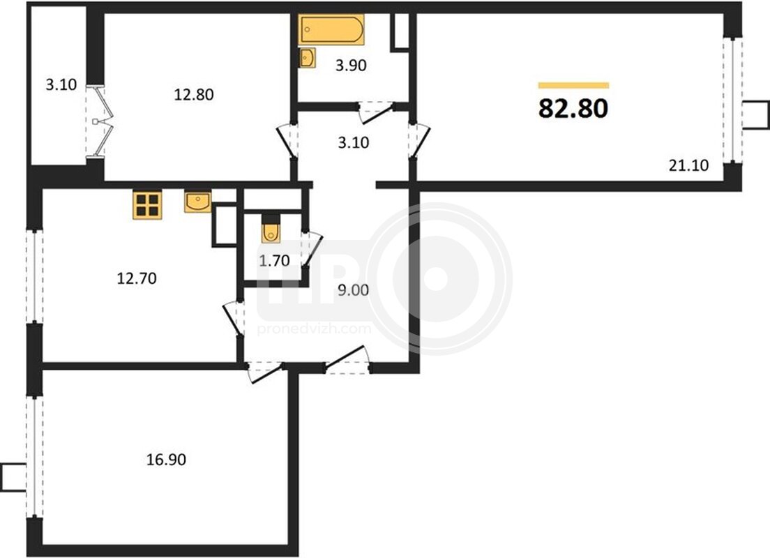 3-комнатная квартира, 82.8кв.м