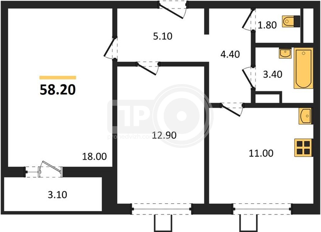 2-комнатная квартира, 58.2кв.м